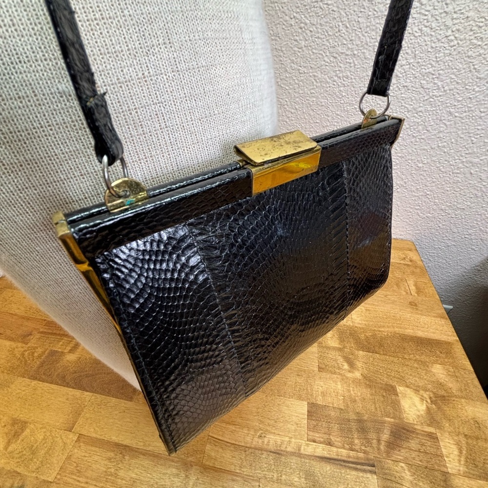 Vintage Black Genuine Lizard Skin Frame Bag - Suede Lined - Picture 6 of 13